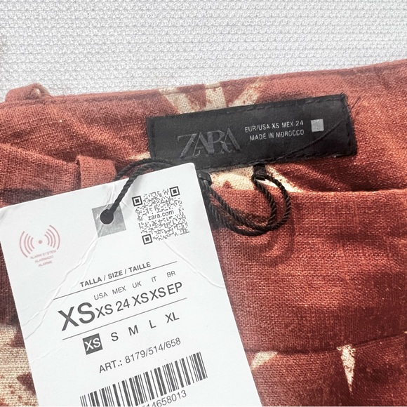 ZARA SUN PRINT BOHO LINEN BROWN WIDE LEG PANTS XS NWT - Picture 16 of 16